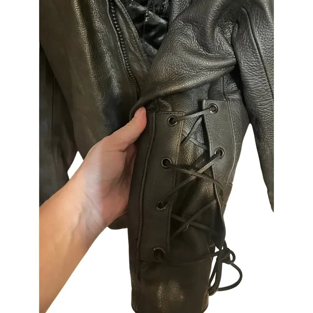 River Road Black Leather Moto Jacket Size 50 XL Lace-Up Side